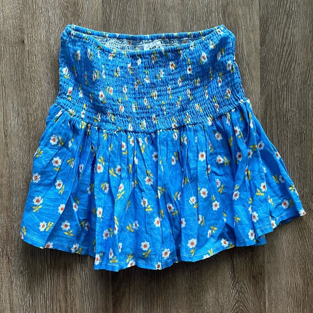 Place Nationale Smocked Linen Mini Skirt Blue‎ White Floral Size 2 (6)